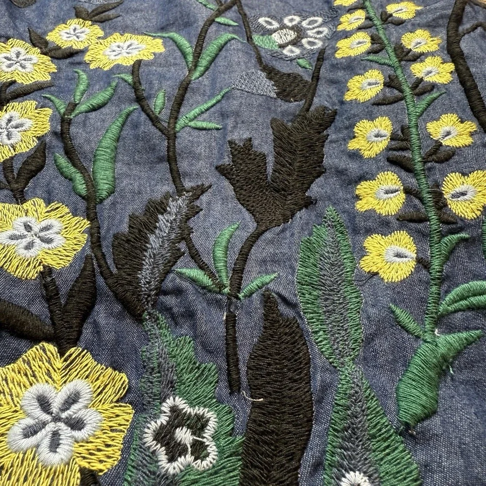Allison‎ New York Off The Shoulder Denim Embroidered Floral Mini Dress XS